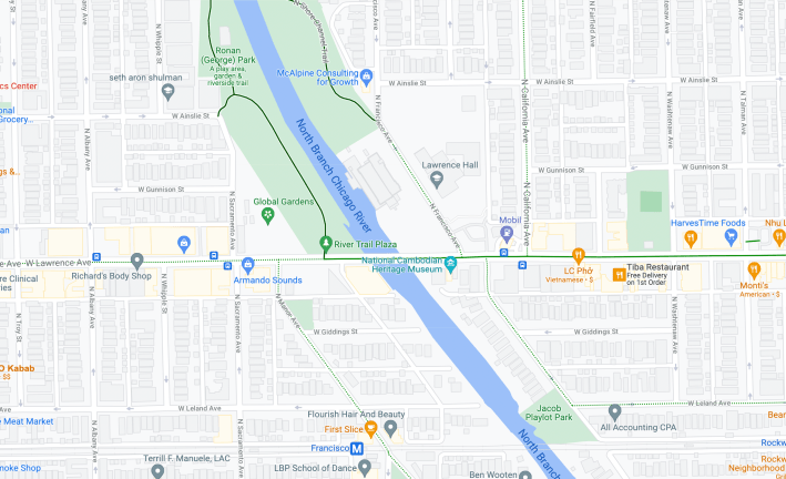 New painted bike lanes on Francisco Avenue, on the east bank of the Chicago River, will provide access to the North Shore Channel Trail. Image: Google Maps