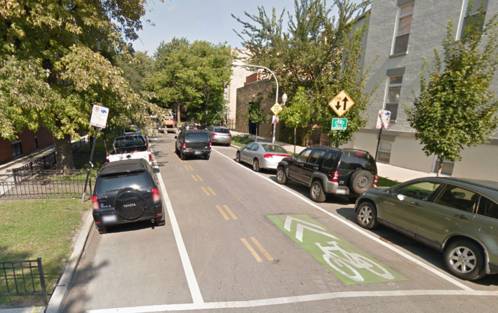 The contraflow bike lane at the north end of the Wood Street Neighborhood Greenway. Image: Google Maps