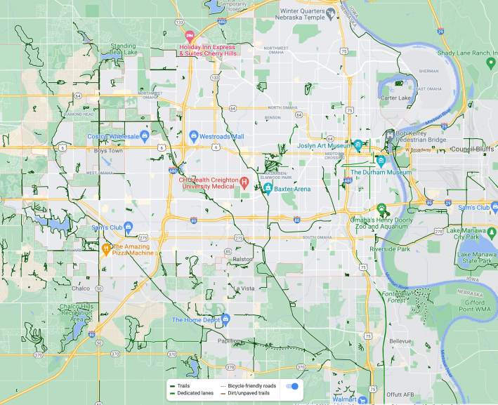 Omaha got points for its network of off-street paths in the western portion of town, although they're of limited value for commutes to downtown workplaces. There are very few on-street bike lanes, and the first protected lane was only installed Image: Google Maps