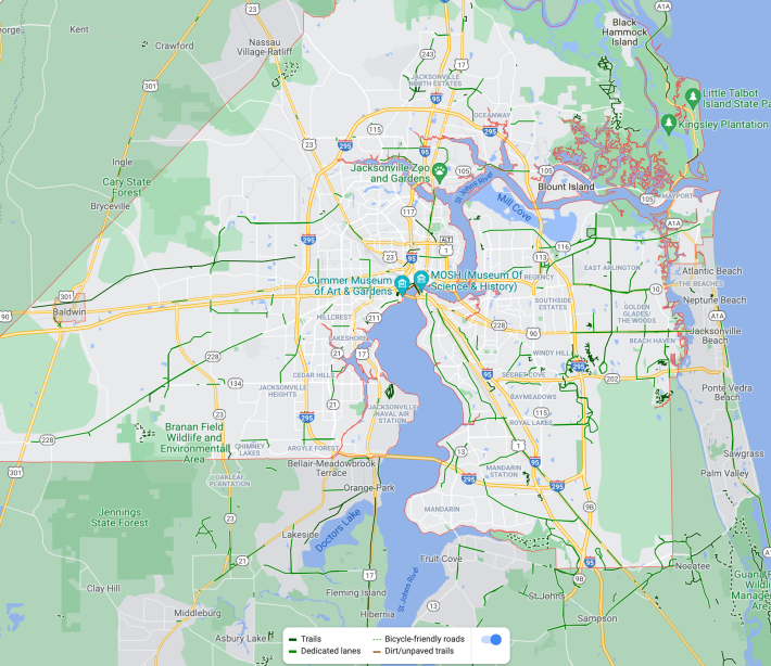 Jacksonville's bike lanes have poor connectivity. Image: Google Maps