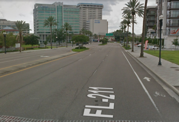A non-protected bike lane on FL-211 in Jacksonville. Image: Google Maps