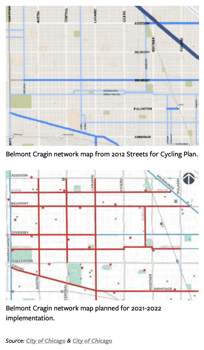 Way more bike lanes were planned as a result of the recent Belmont Cragin input process (bottom) than were originally proposed for the neighborhood in the Streets for Cycling plan. Image: LAB