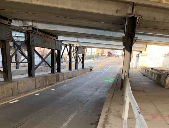 Looking north on Halsted under the viaduct in December after the northbound bike lane was scraped out and on-street sharrows were added. Photo: Matthew Maule
