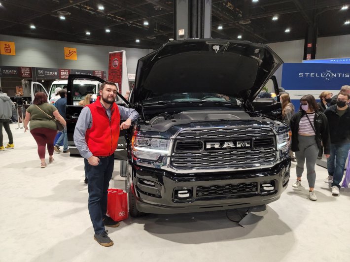 The front end of a new Ram truck vs a 36-year-old adult man. Photo: AJ LaTrace