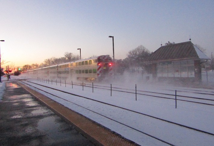 An outbound Milwaukee District West train races past the Mars station. Photo: Igor Studenkov