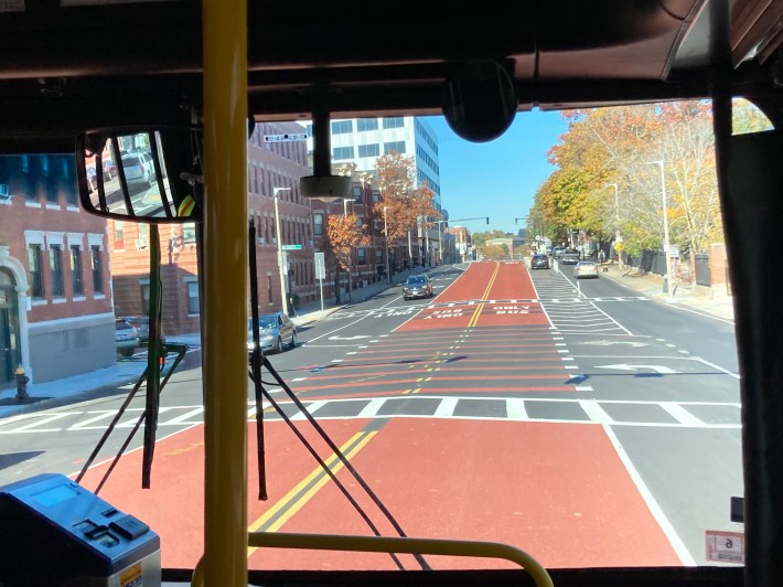 View from inside a bus using the center-running lanes on Columbus Avenue in Boston. Photo: John Greenfield