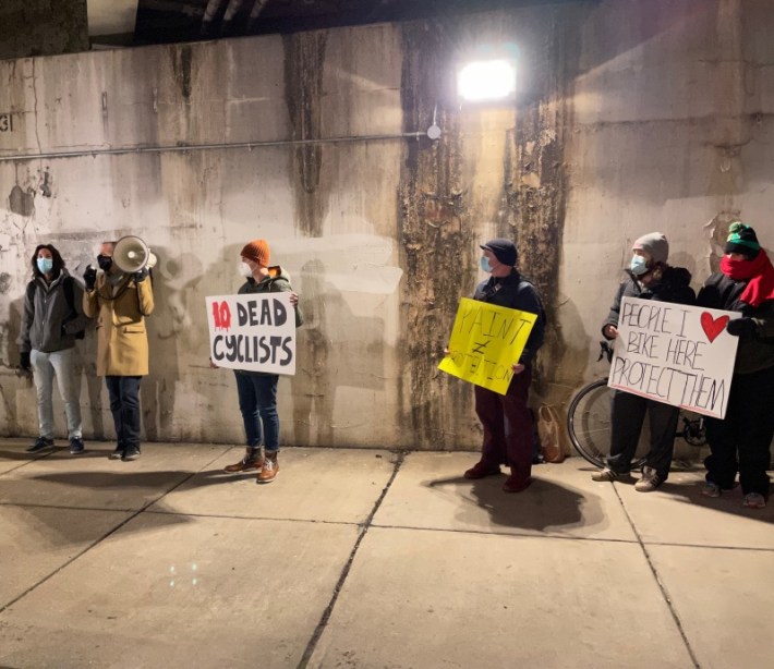 Protesters at the December rally. At least ten people have been fatally struck by drivers while biking on Chicago streets this year. Photo: Steven Vance