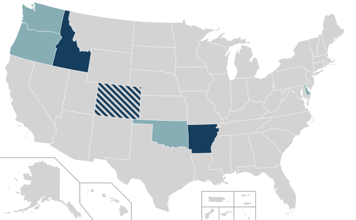 "Idaho Stop" laws in the United States as of April 2021: No specific law / not legal Stop sign as yield legal Stop sign as yield and red light as stop legal Stop sign as yield and red light as stop legal in certain jurisdictions