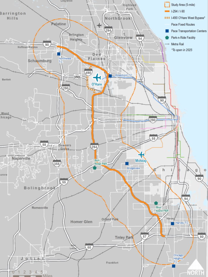 The study area covers the 48-mile I-294/I-90 corridor between Harvey in the south and Schaumburg in the north. Image: Pace