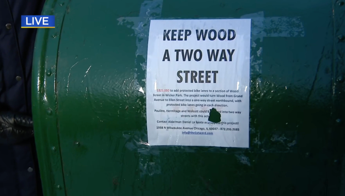 Anti-Wood protected bike lane flyer posted by Ben Clauss. Image: CBS Chicago