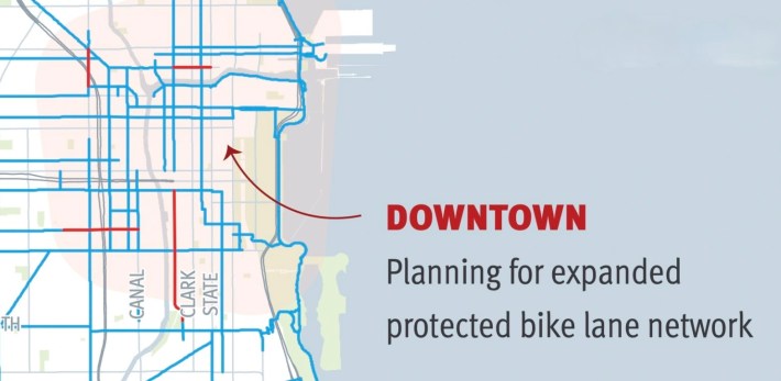 Detail of CDOT’s 2021-22 bikeway expansion map showing future downtown protected lanes.