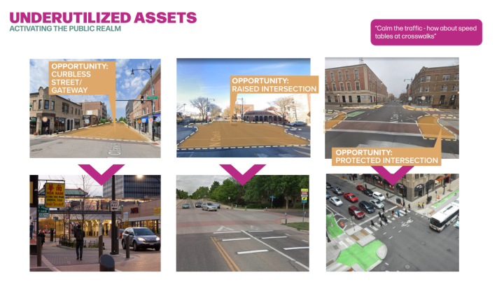 An Argyle Street-style curbless roadway, raised crosswalks, and protected intersections are possible treatments.