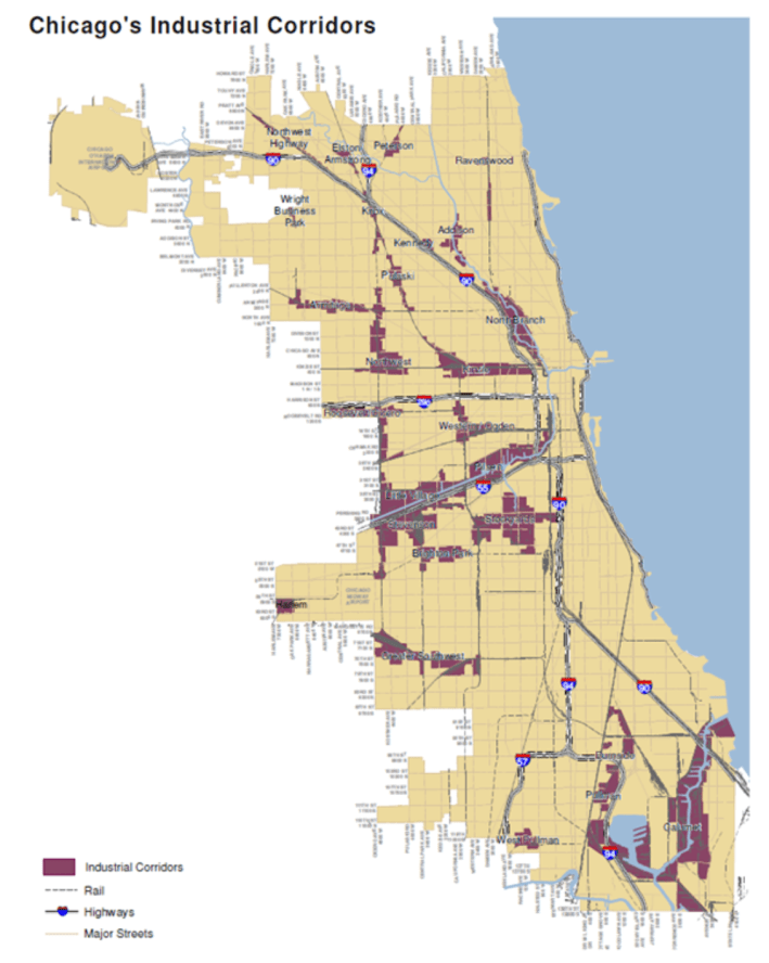 Un mapa de los corredores industriales de Chicago.