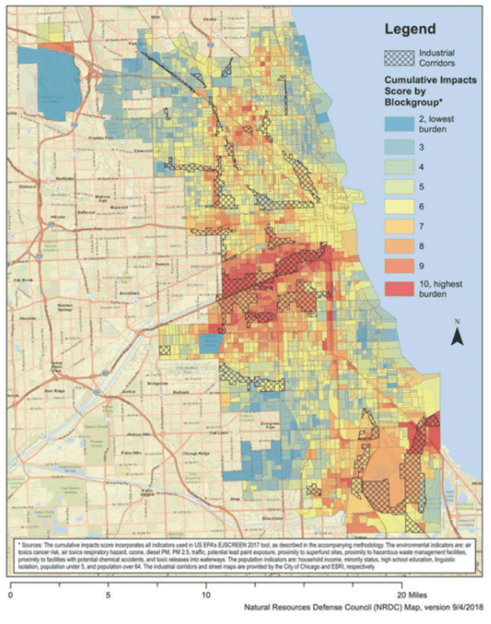 A map of the cumulative burden of environmental exposure and population vulnerability in Chicago neighborhoods.