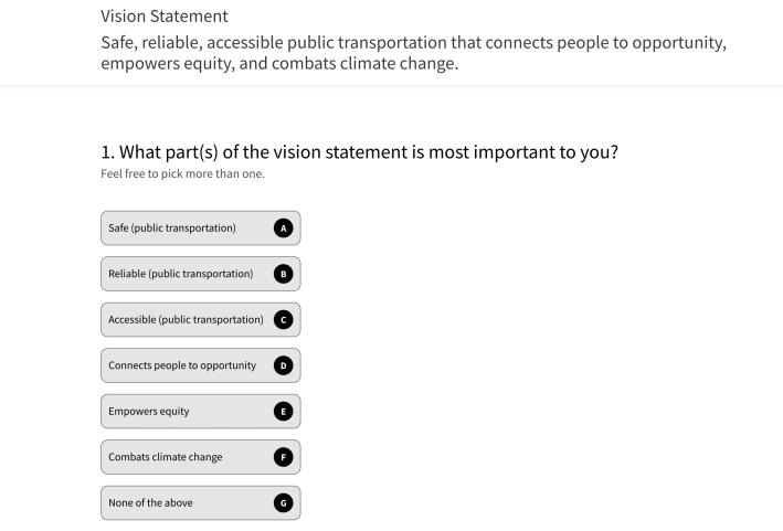 Screenshot from the RTA strategic plan survey.