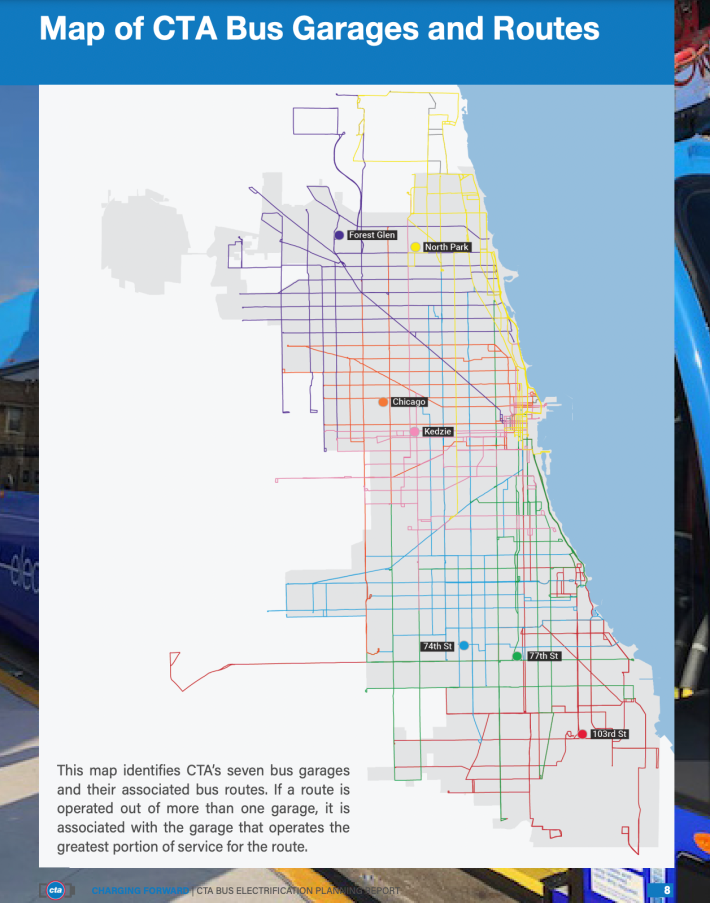 The CTA's seven bus garages and their associated routes.