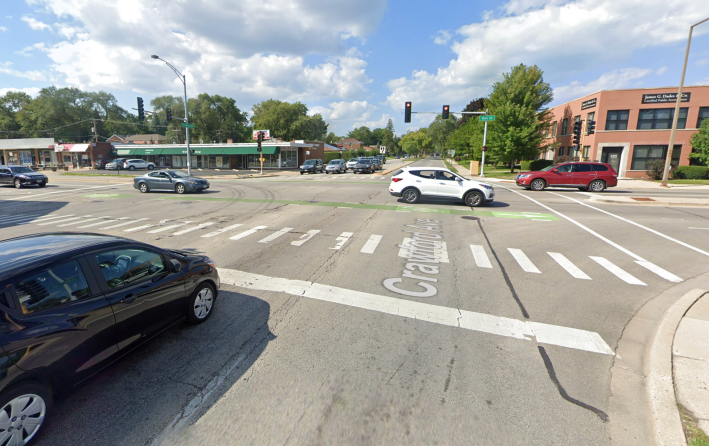 The intersection of Crawford and Main Street, which has bike lanes, looking north. Image: Google Maps