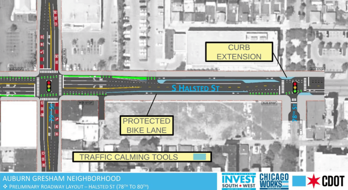 Proposed layout of Halsted protected bike lanes.