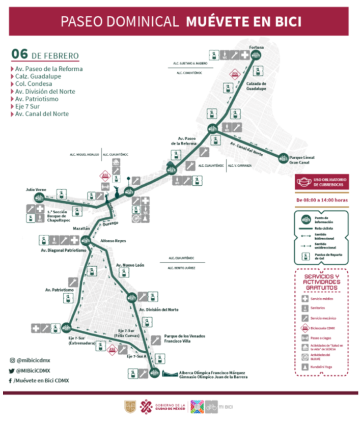 Mapa de la ruta Muévete en Bici de la Secretaría de Movilidad de la Ciudad de México.