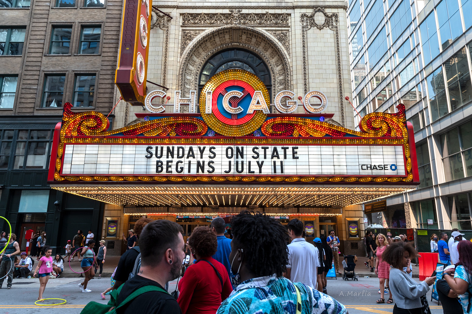 Sundays on State on the Chicago Theater marquee (date on the sign is from 2021).