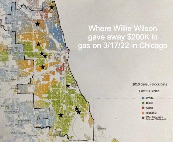 Almost all of the 10 gas stations from last week's giveaway were in Black (green on map) or Latino (orange) communities. Image: John Greenfield via the Racial Dot Map