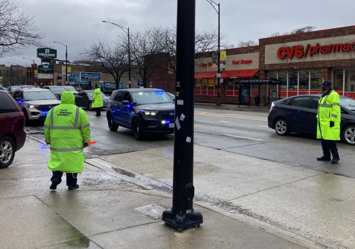 Chicago OEMC traffic aids at Iriving PArk and Western this morning. Photo: John Greenfield