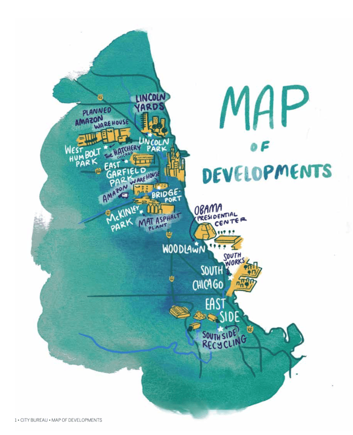 A map of recent development proposals in Chicago, many of them controversial.