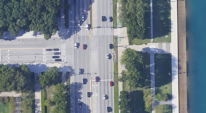 Aerial view of the Balbo / DuSable Lake Shore intersection. Image: Google Maps