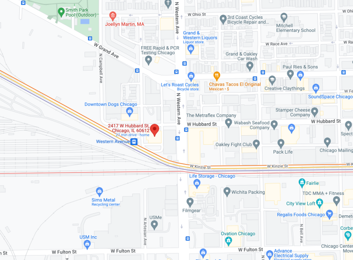 CHAOS Brew Club, 2417 W. Hubbard Ave., is located right next door to the Western Metra station on the MD-N, MD-W, and NCS lines. Image: Google Maps