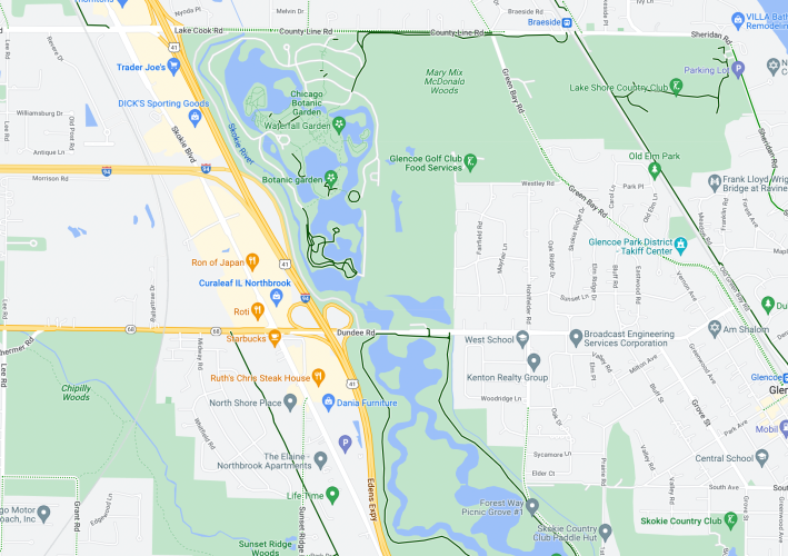 It's relatively easy to access the Chicago Botanic Garden from the Braeside station a mile east, and the North Branch Trail, to the south. But while it used to be free to do so, it will now cost $9.95 to $29.95. Image: Google Maps