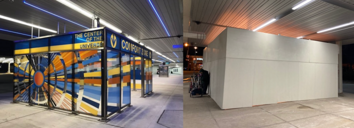 Bus shelters at the Jefferson Park Transit Center before and after they were vandalized. Photos: John Greenfield