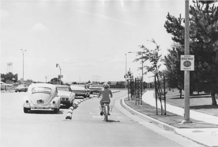 Davis 1967-first bike lane. Photo via Getting Around Davis.