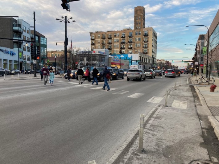 Crossing Ashland at Belmont and Lincoln, looking north, on Monday evening. Photo: John Greenfield