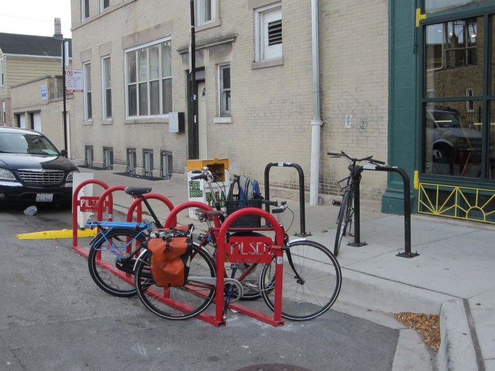 An on-street bike parking corral in Pilsen. Photo: John Greenfield