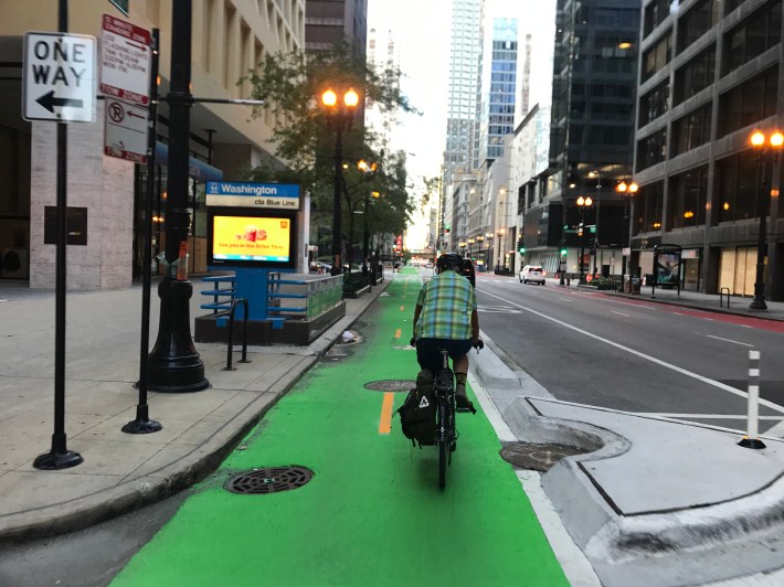 The Dearborn protected bike lane downtown is an example of a two-way protected bike lane. Photo: John Greenfield