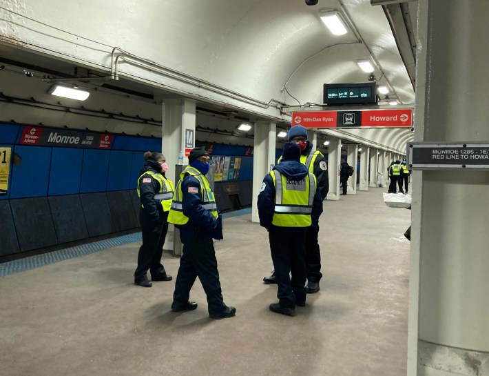 Unarmed guards at the Jackson Red Line stop. Photo: John Greenfield