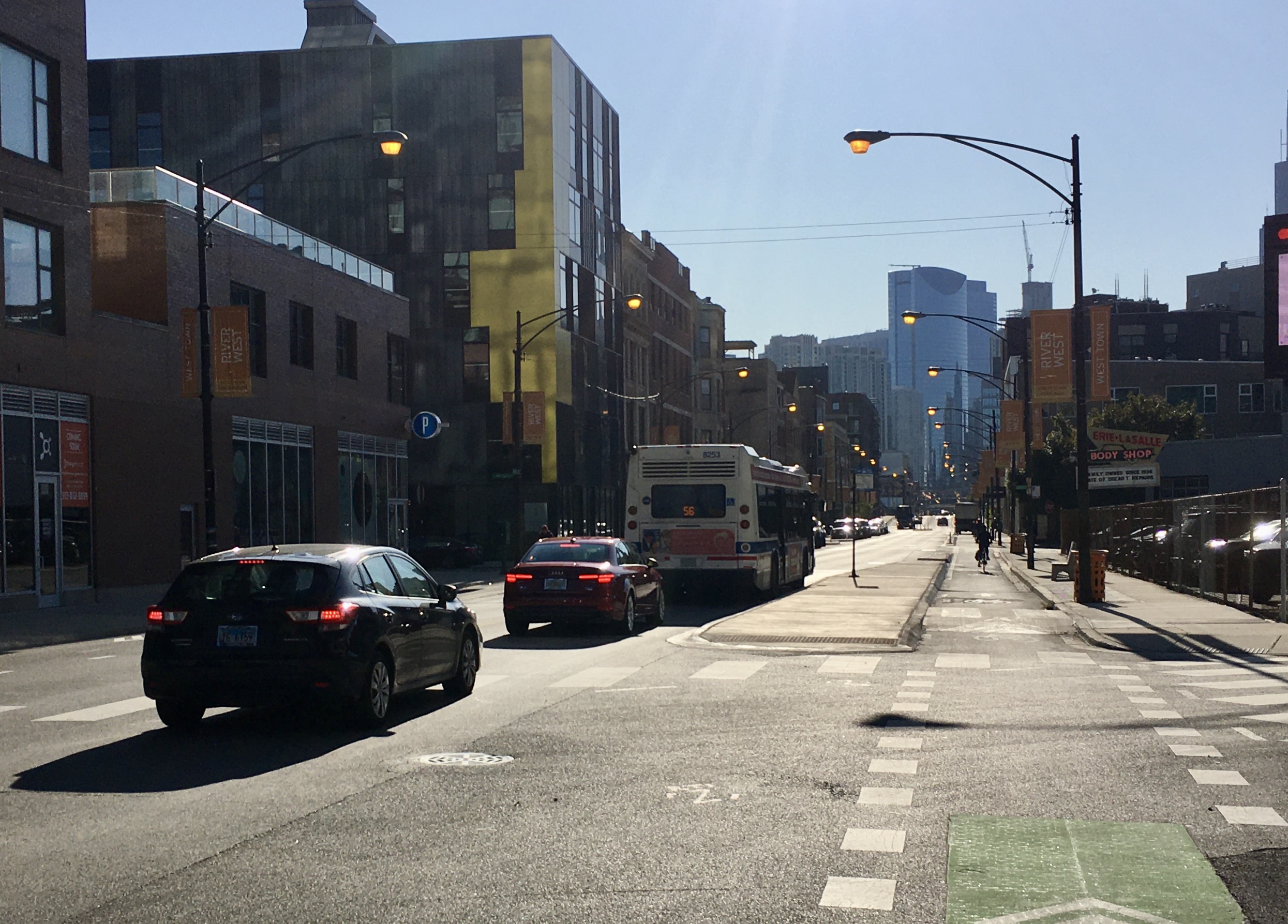 Photo of a bus stop boarding island on Milwaukee Avenue at Carpenter Street.