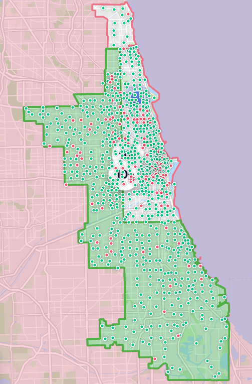 The current Divvy coverage area including the waiver zone (green), and the fee zone eat of Western and north of Pershing.