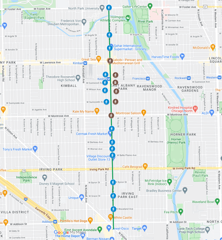 Map of the upcoming Kedzie project zone, including non-protected bike lanes (green line), and intersections with sidewalk bump-outs (blue pedestrian symbols) and stamped crosswalks (brown pedestrian symbols.) Map: John Greenfield via Google Maps
