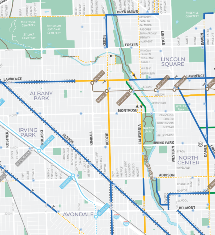 Existing bike routes in the vicinity of Kedzie Avenue. Image: CDOT's Chicago Bike Map