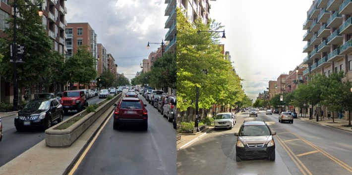 The 900 block of West Madison Street, before and after the concrete planter medians were removed. Image: Google Maps