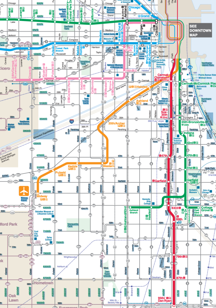 South Side 'L' branches. None are completely paralleled by a single nearby bus route. Image: CTA