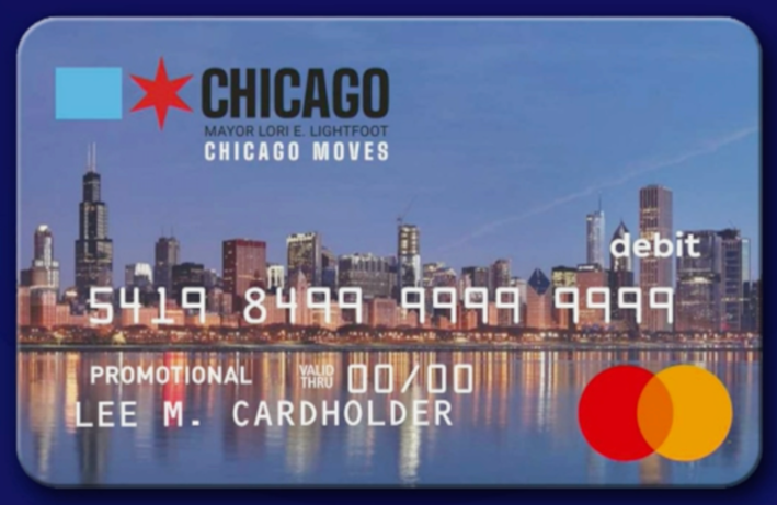 A mockup of the Chicago of the Chicago Moves gas or transit card, with Lightfoot's name on it. Image via WTTW