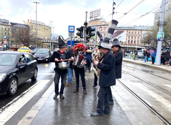 A strolling band performs in a Budapest median, presumably in conjunction with the upcoming election. Note the political signs in the background. Photo: John Greenfield