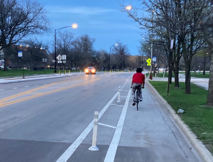 A cyclist uses one of the Columbus Park bike lanes. Photo: John Greenfield