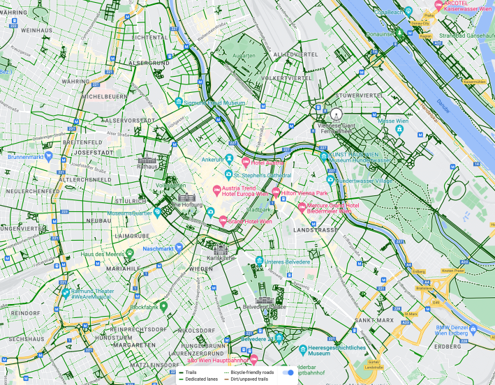 Bikeways are everywhere in central Vienna. Image: google Maps