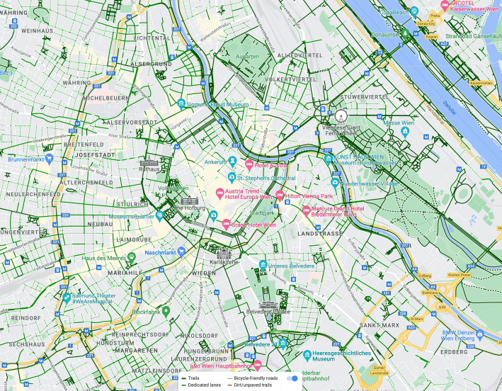 Bikeways are everywhere in central Vienna. Image: google Maps