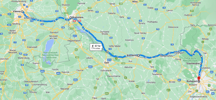 A rough approximation of my bike route from Vienna to Budapest, with overnights in Bratislava and Komárno, Slovakia, and Szentendre, Hungary. Image: Google Maps