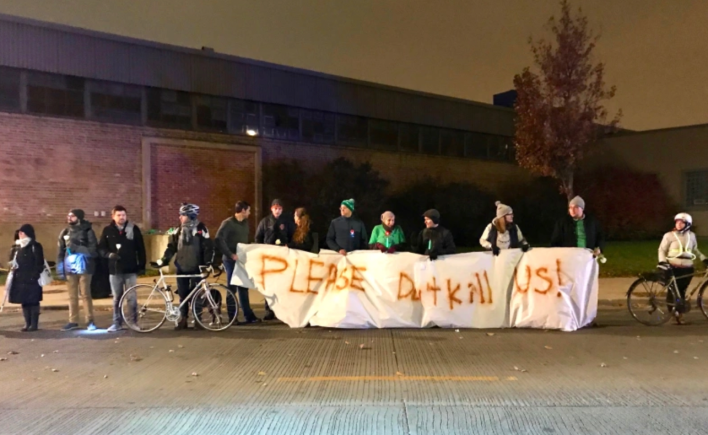 The "human protected bike lane" protest after Carla Aiello's death. Photo: John Greenfield