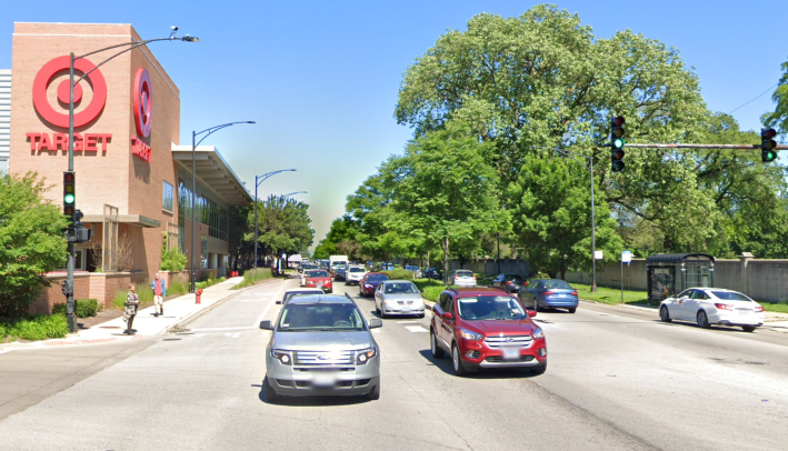 Peterson is a five-lane "stroad" at this location. Image: Google Maps